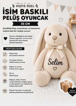 Kişiye özel isim baskılı bej peluş tavşan uyku arkadaşı