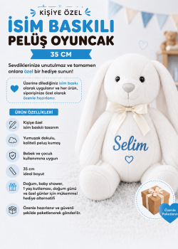 Kişiye özel isim baskılı beyaz peluş tavşan uyku arkadaşı